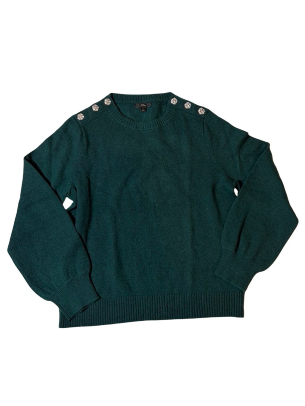 J.Crew Jewel Button Shoulder Sweater Forest Green Lambswool Blend Preppy